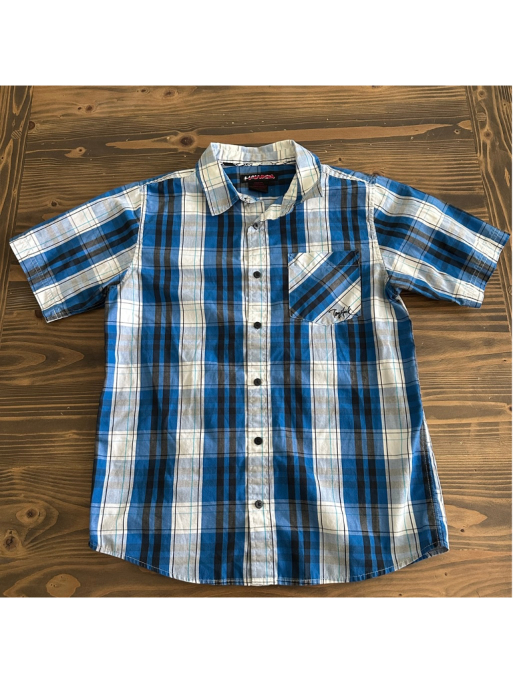 Hawk Plaid Button Down Shirt Boys XL 18 20 Blue Black Short Sleeve